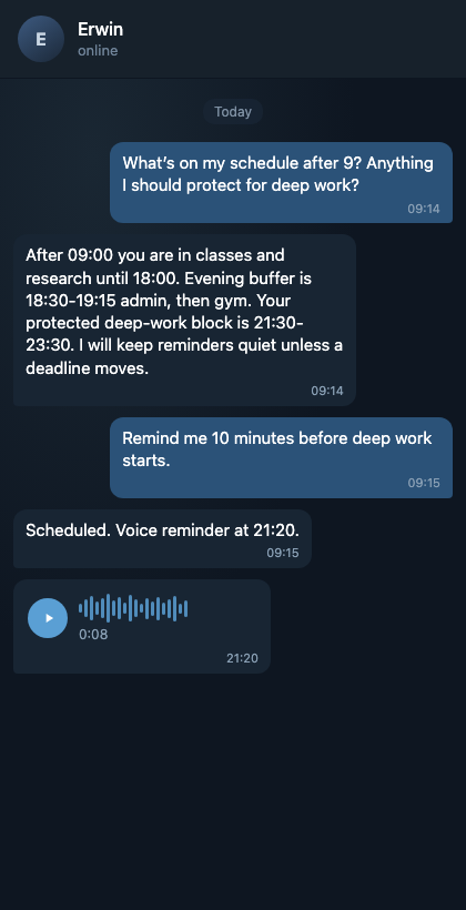 Telegram conversation with Erwin